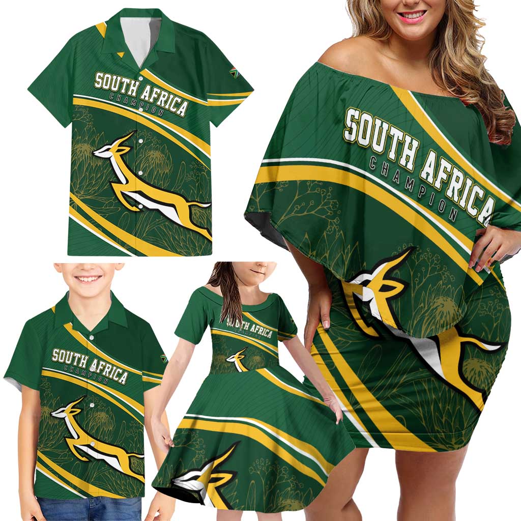 South Africa Rugby Personalized Bokke Family Matching Off Shoulder Short Dress and Hawaiian Shirt Springboks - Stronger Together - Wonder Print Shop