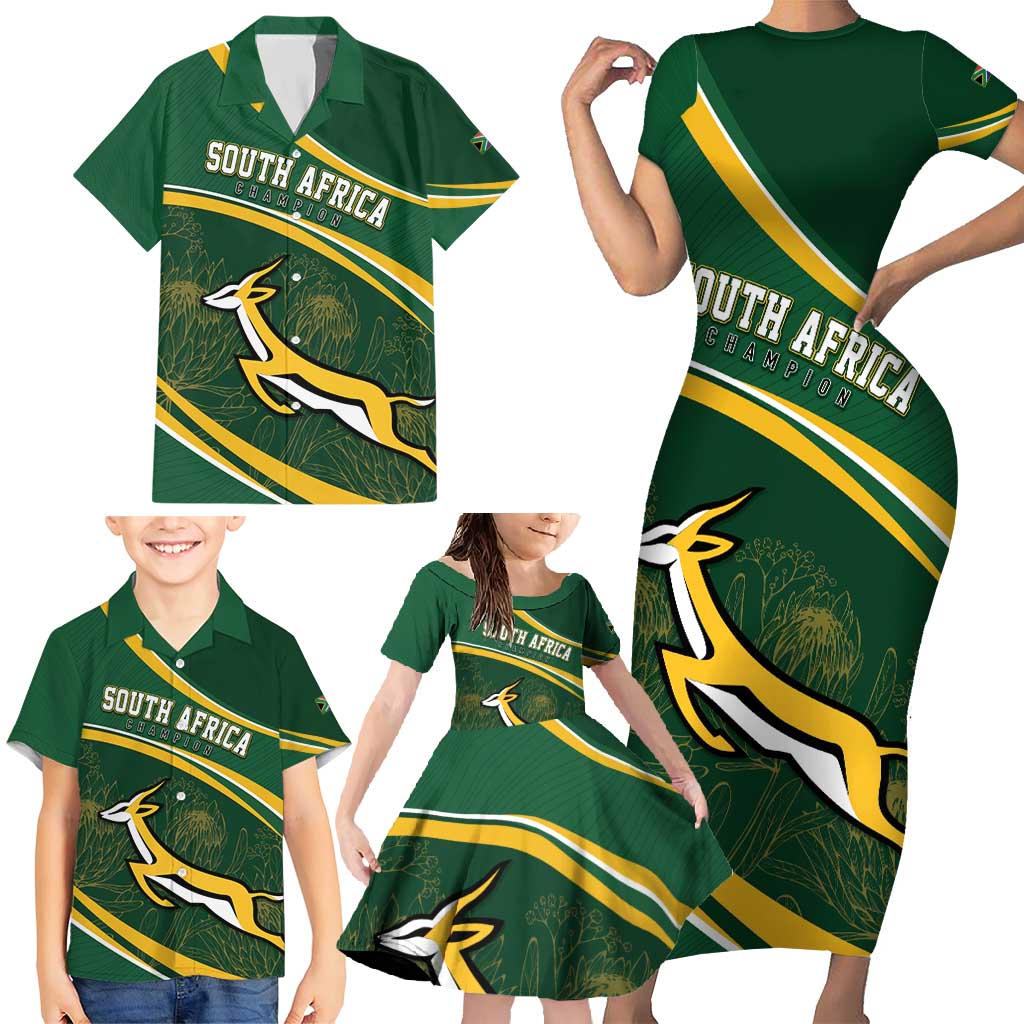 South Africa Rugby Personalized Bokke Family Matching Short Sleeve Bodycon Dress and Hawaiian Shirt Springboks - Stronger Together - Wonder Print Shop