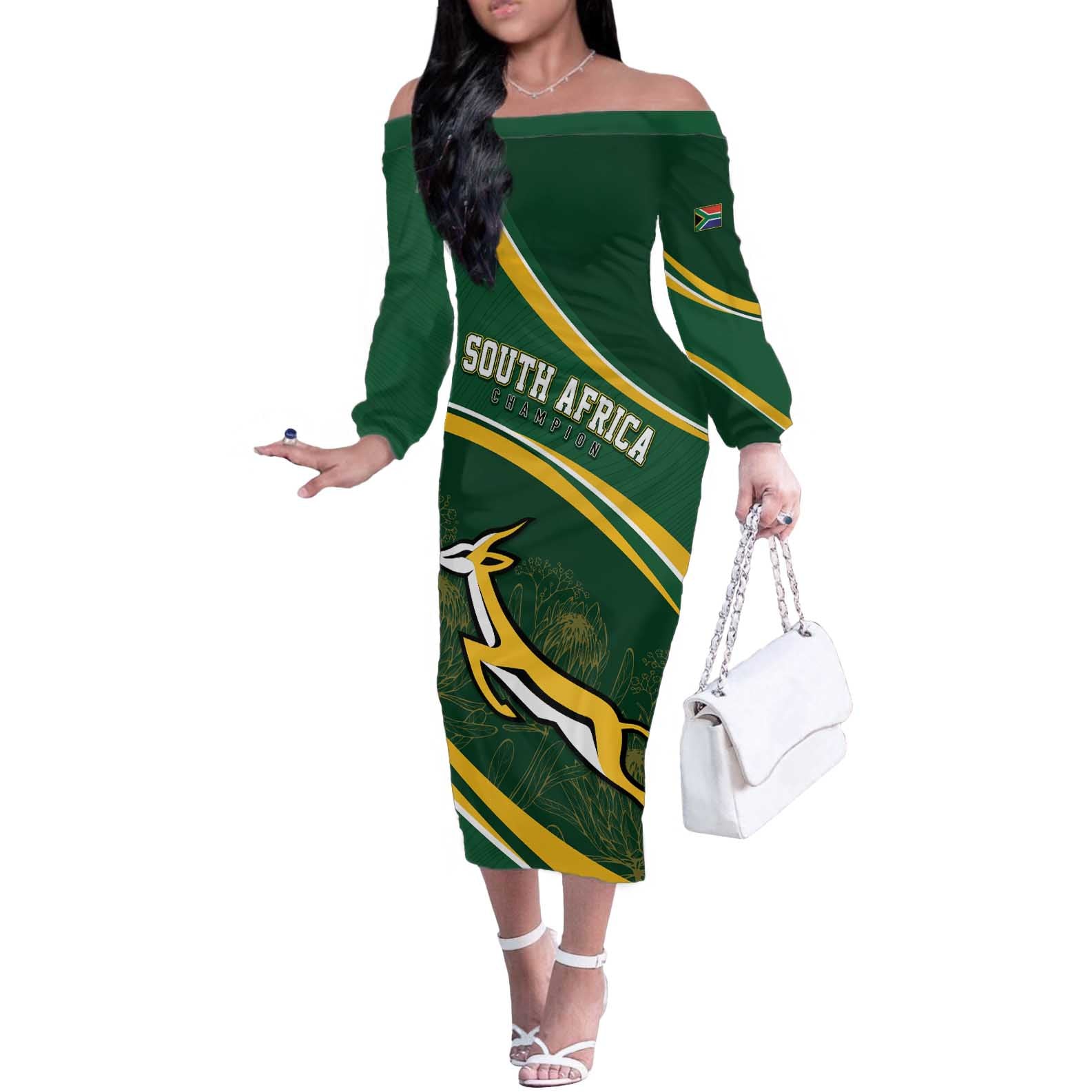 South Africa Rugby Personalized Bokke Off The Shoulder Long Sleeve Dress Springboks - Stronger Together - Wonder Print Shop