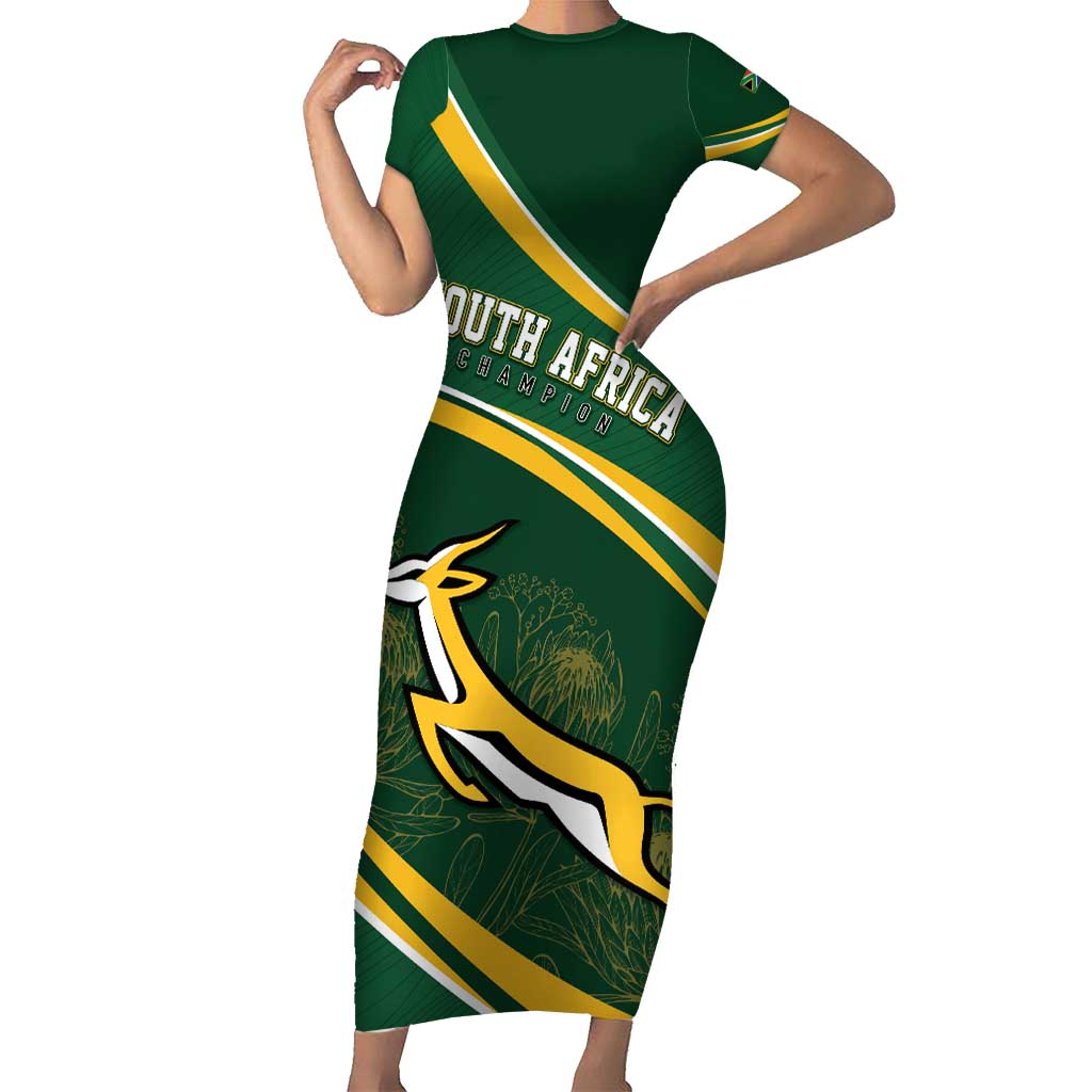 South Africa Rugby Personalized Bokke Short Sleeve Bodycon Dress Springboks - Stronger Together - Wonder Print Shop