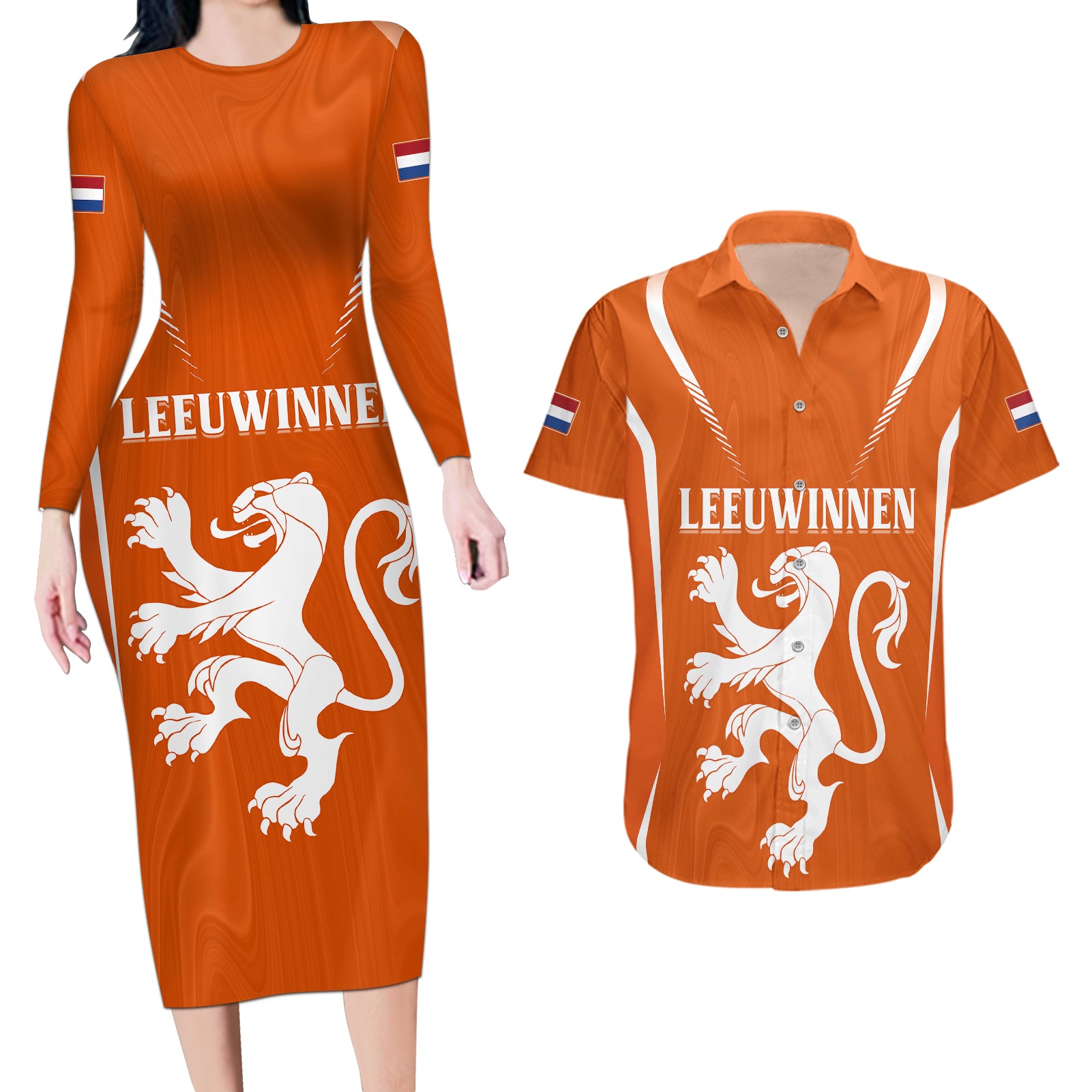 personalised-netherlands-football-couples-matching-long-sleeve-bodycon-dress-and-hawaiian-shirt-lionesses-world-cup-2023
