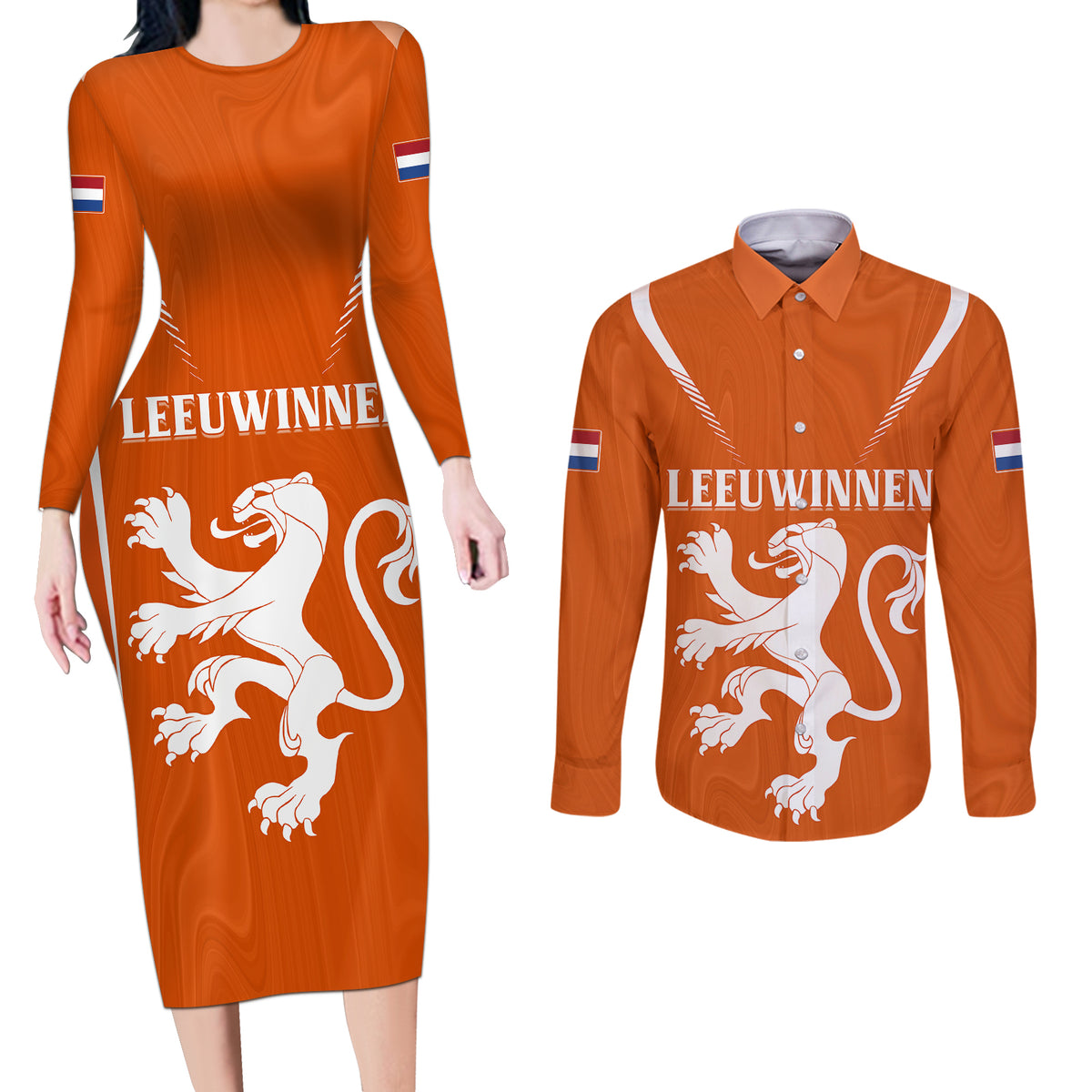 Personalised Netherlands Football Couples Matching Long Sleeve Bodycon Dress and Long Sleeve Button Shirts Lionesses World Cup 2023 LT7 - Wonder Print Shop
