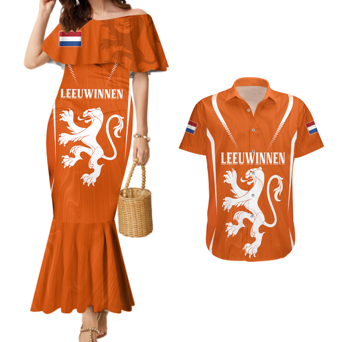 Personalised Netherlands Football Couples Matching Mermaid Dress and Hawaiian Shirt Lionesses World Cup 2023 LT7 - Wonder Print Shop