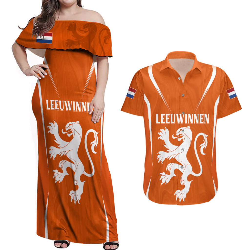 personalised-netherlands-football-couples-matching-off-shoulder-maxi-dress-and-hawaiian-shirt-lionesses-world-cup-2023