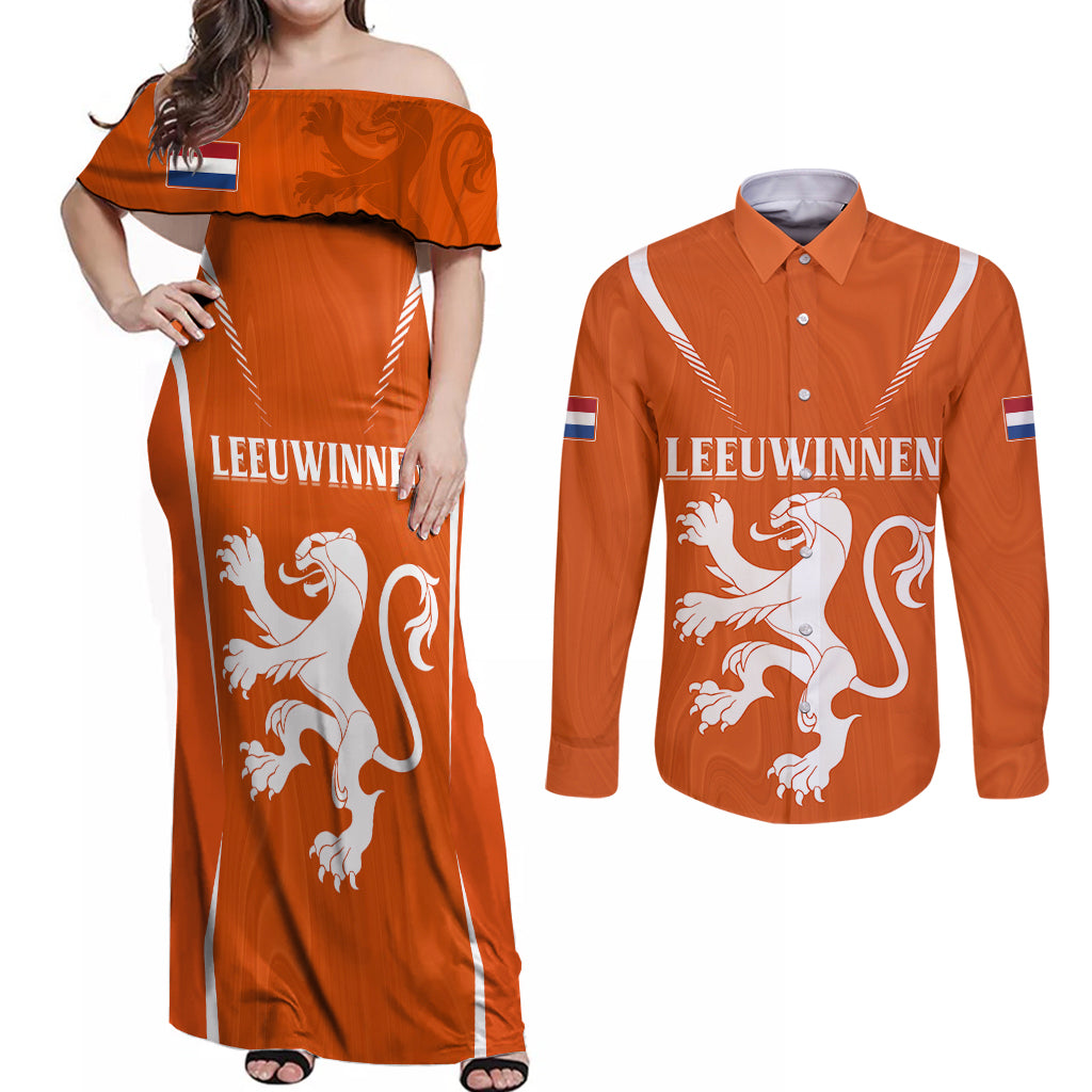 Personalised Netherlands Football Couples Matching Off Shoulder Maxi Dress and Long Sleeve Button Shirts Lionesses World Cup 2023 LT7 - Wonder Print Shop
