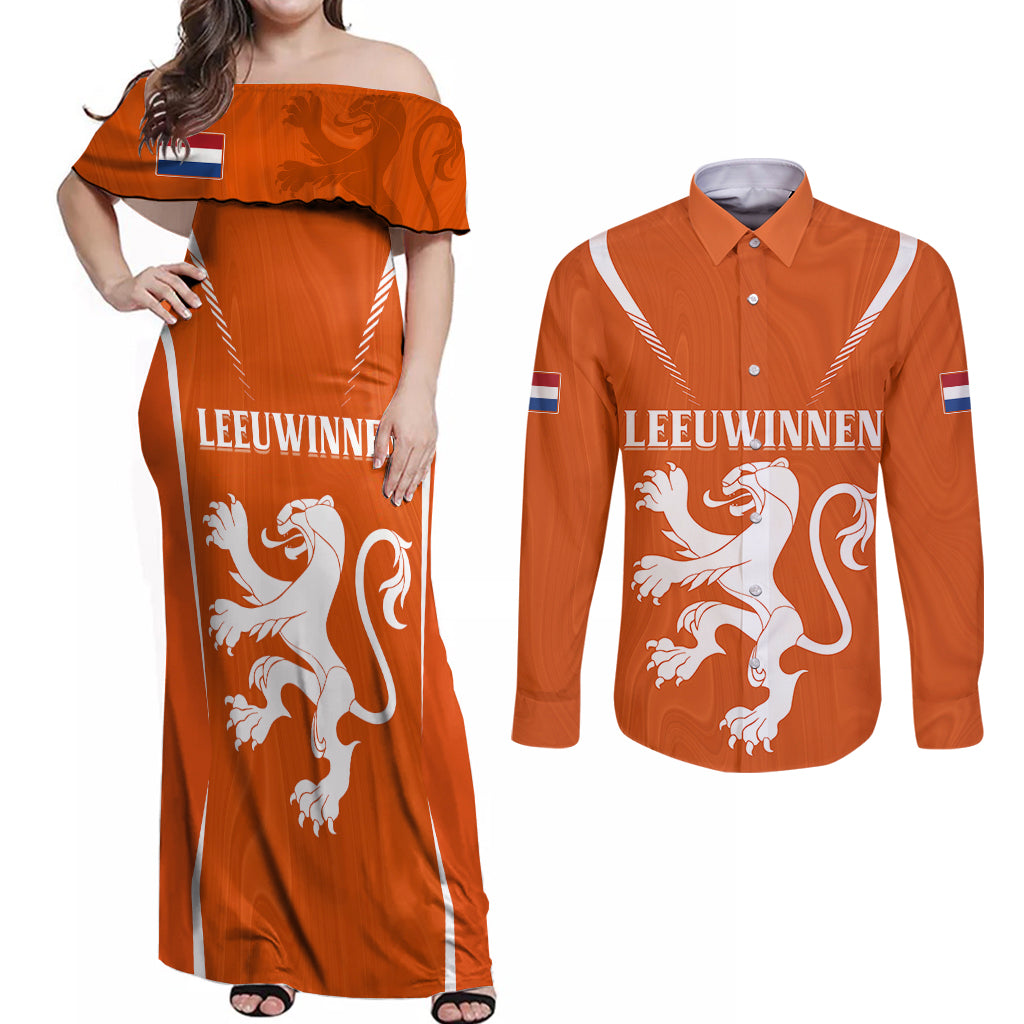 personalised-netherlands-football-couples-matching-off-shoulder-maxi-dress-and-long-sleeve-button-shirts-lionesses-world-cup-2023