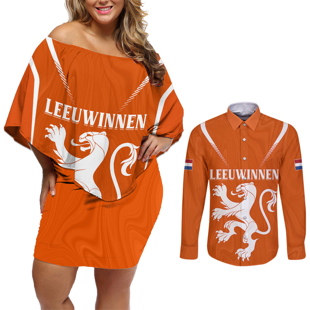 personalised-netherlands-football-couples-matching-off-shoulder-short-dress-and-long-sleeve-button-shirts-lionesses-world-cup-2023