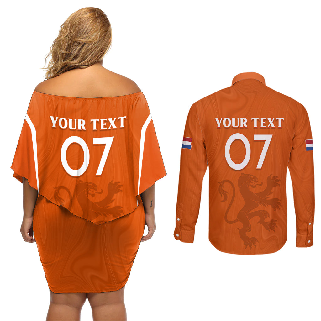Personalised Netherlands Football Couples Matching Off Shoulder Short Dress and Long Sleeve Button Shirts Lionesses World Cup 2023 LT7 - Wonder Print Shop