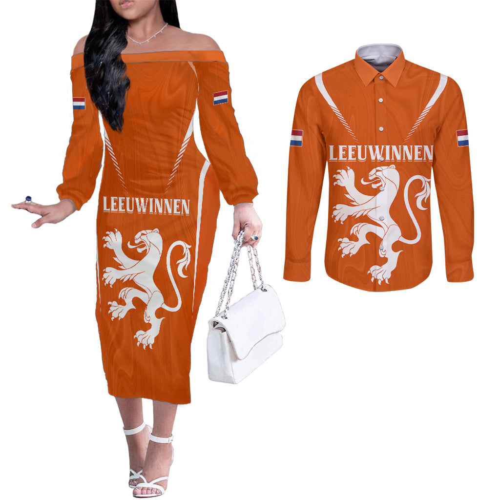 personalised-netherlands-football-couples-matching-off-the-shoulder-long-sleeve-dress-and-long-sleeve-button-shirts-lionesses-world-cup-2023