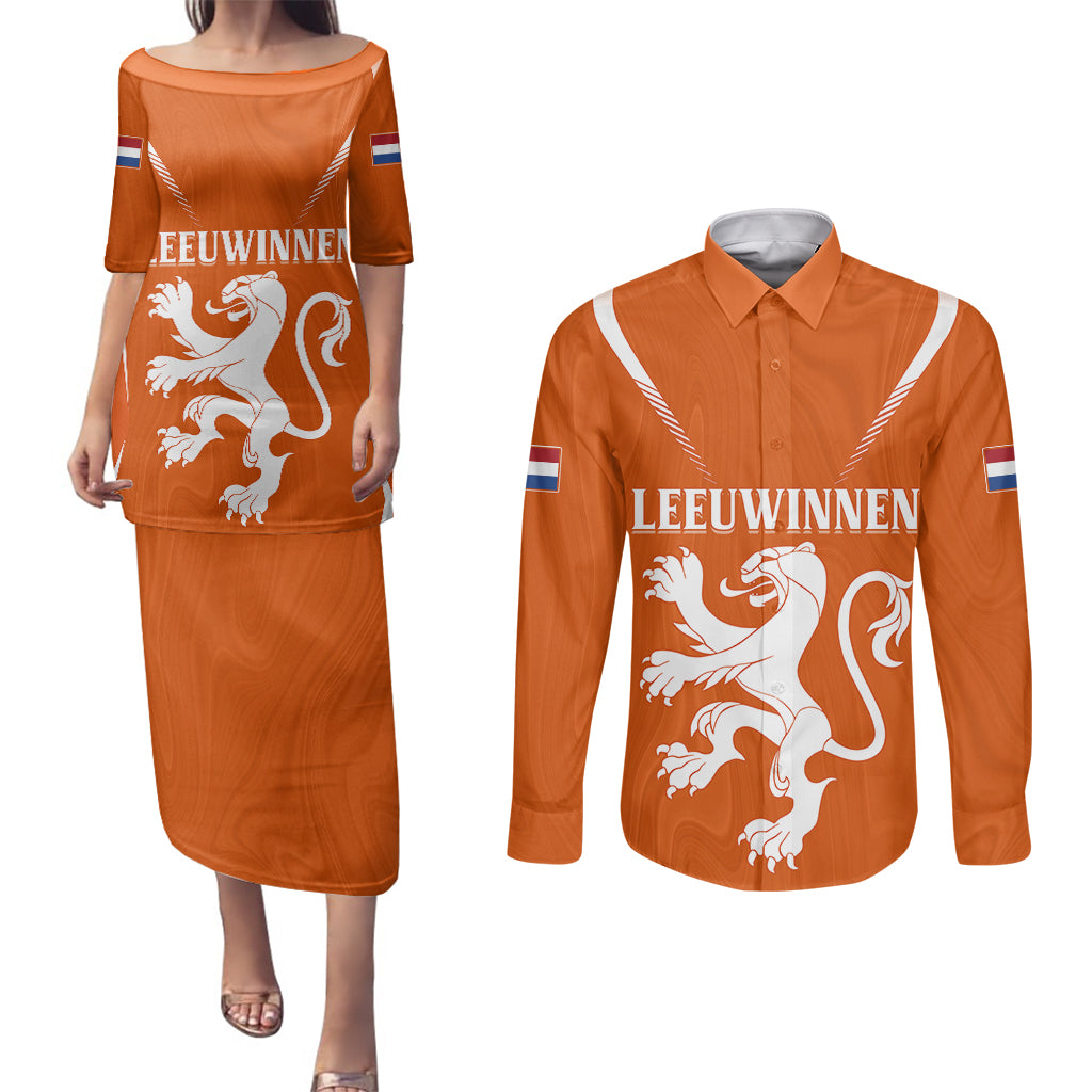 personalised-netherlands-football-couples-matching-puletasi-dress-and-long-sleeve-button-shirts-lionesses-world-cup-2023