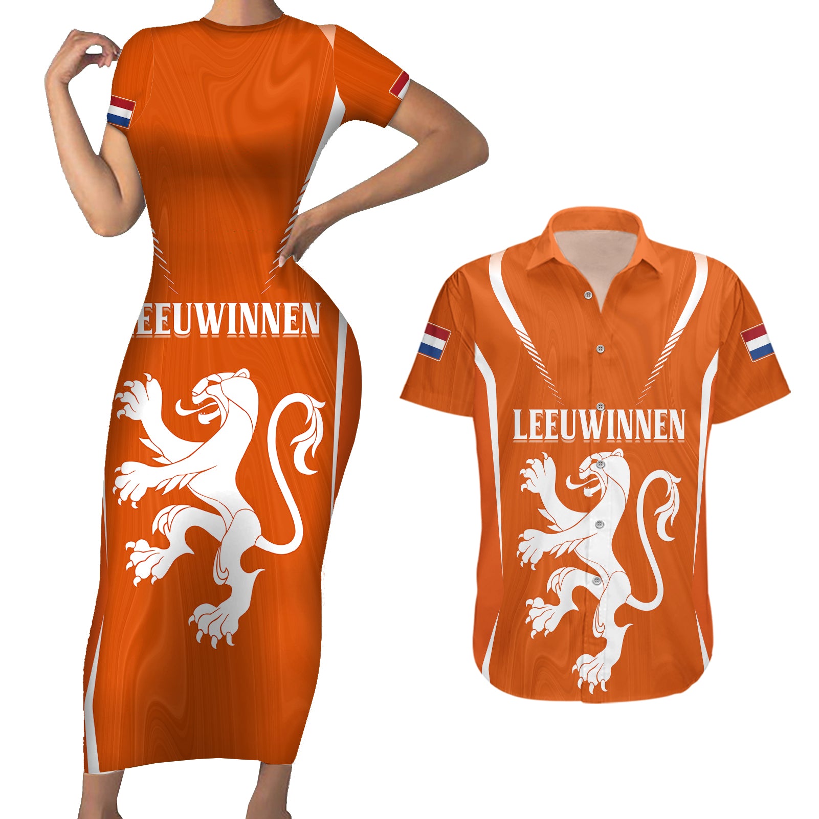 personalised-netherlands-football-couples-matching-short-sleeve-bodycon-dress-and-hawaiian-shirt-lionesses-world-cup-2023