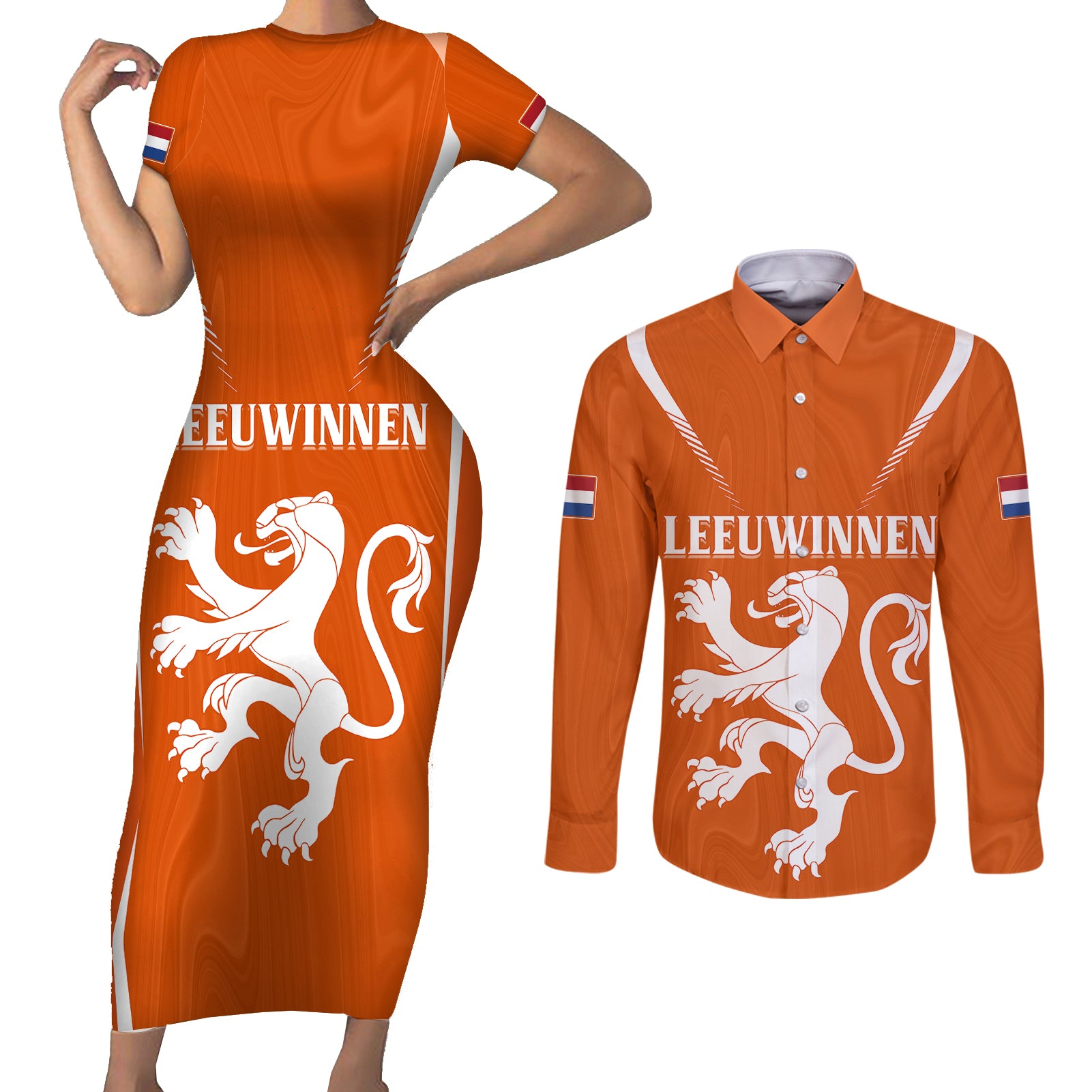 personalised-netherlands-football-couples-matching-short-sleeve-bodycon-dress-and-long-sleeve-button-shirts-lionesses-world-cup-2023