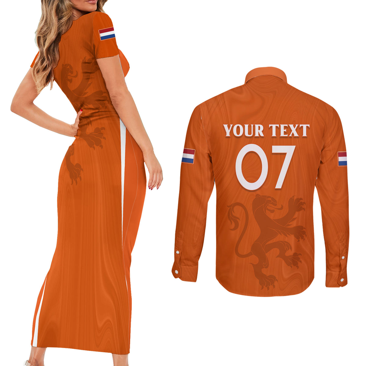Personalised Netherlands Football Couples Matching Short Sleeve Bodycon Dress and Long Sleeve Button Shirts Lionesses World Cup 2023 LT7 - Wonder Print Shop