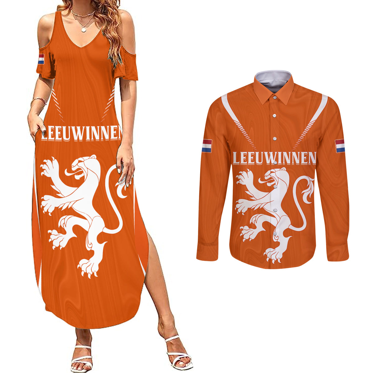 personalised-netherlands-football-couples-matching-summer-maxi-dress-and-long-sleeve-button-shirts-lionesses-world-cup-2023