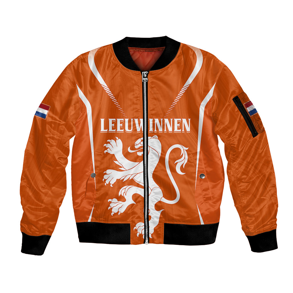 personalised-netherlands-football-sleeve-zip-bomber-jacket-lionesses-world-cup-2023