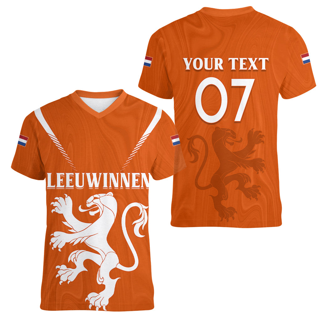 Personalised Netherlands Football Women V Neck T Shirt Lionesses World Cup 2023 - Wonder Print Shop