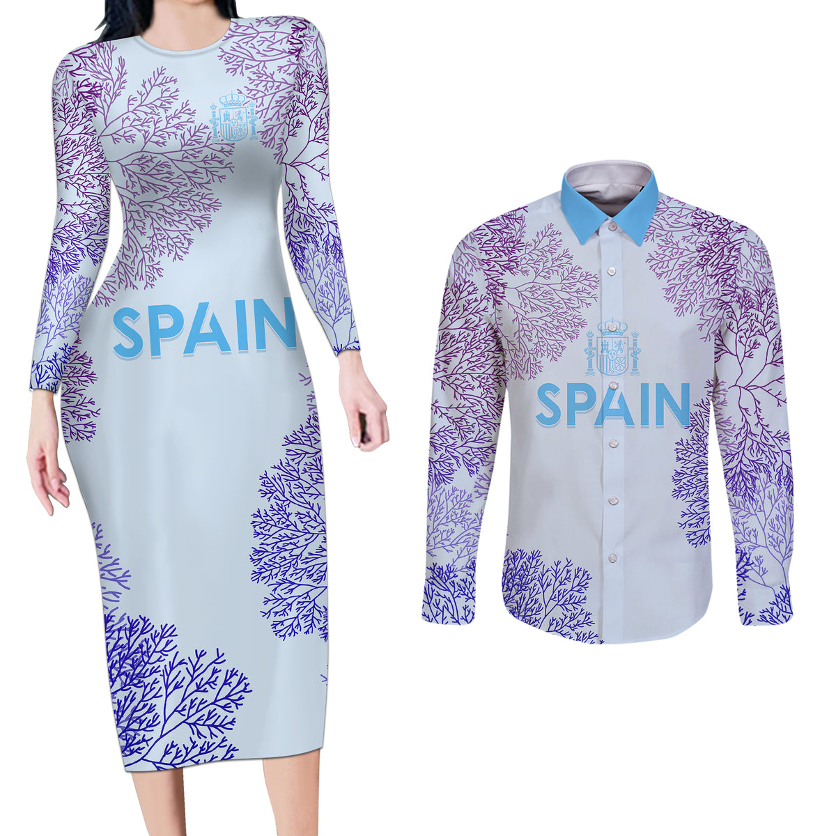Personalised Spain Football Couples Matching Long Sleeve Bodycon Dress and Long Sleeve Button Shirts Coral Reef Jersey Replica Inspired LT7 - Wonder Print Shop