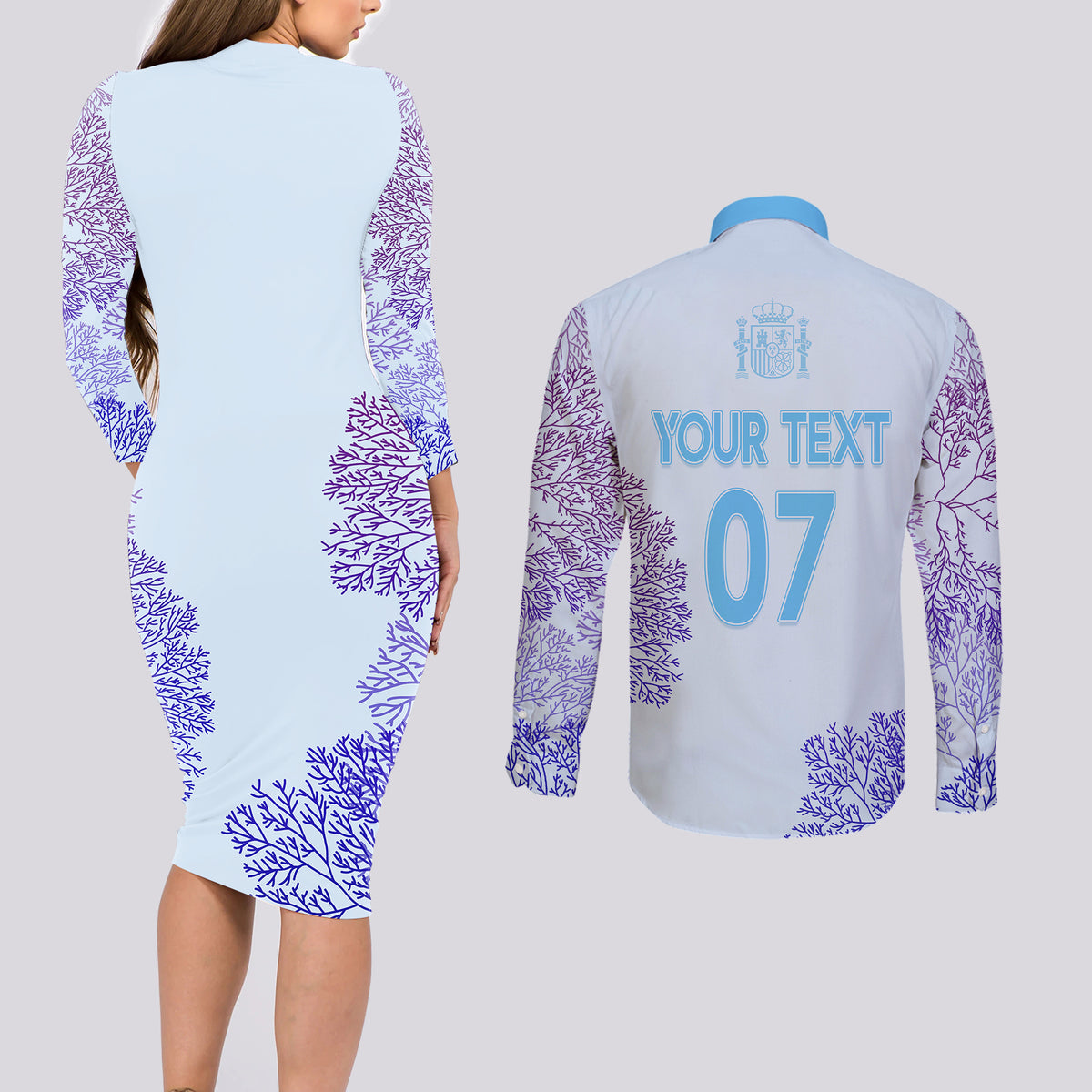 Personalised Spain Football Couples Matching Long Sleeve Bodycon Dress and Long Sleeve Button Shirts Coral Reef Jersey Replica Inspired LT7 - Wonder Print Shop