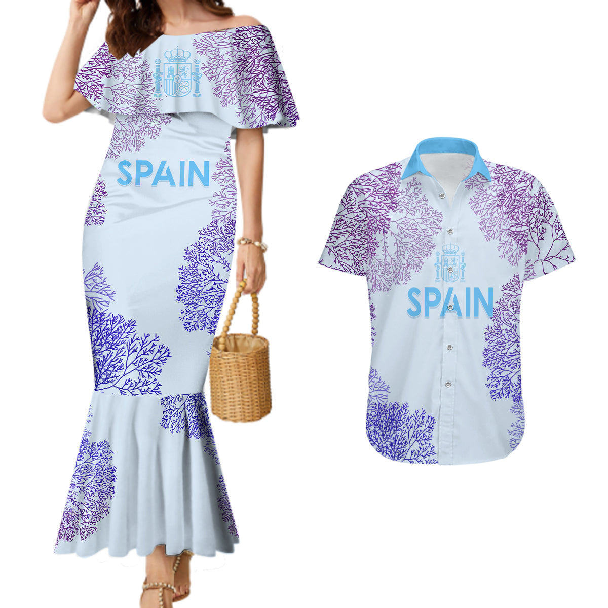 Personalised Spain Football Couples Matching Mermaid Dress and Hawaiian Shirt Coral Reef Jersey Replica Inspired LT7 - Wonder Print Shop