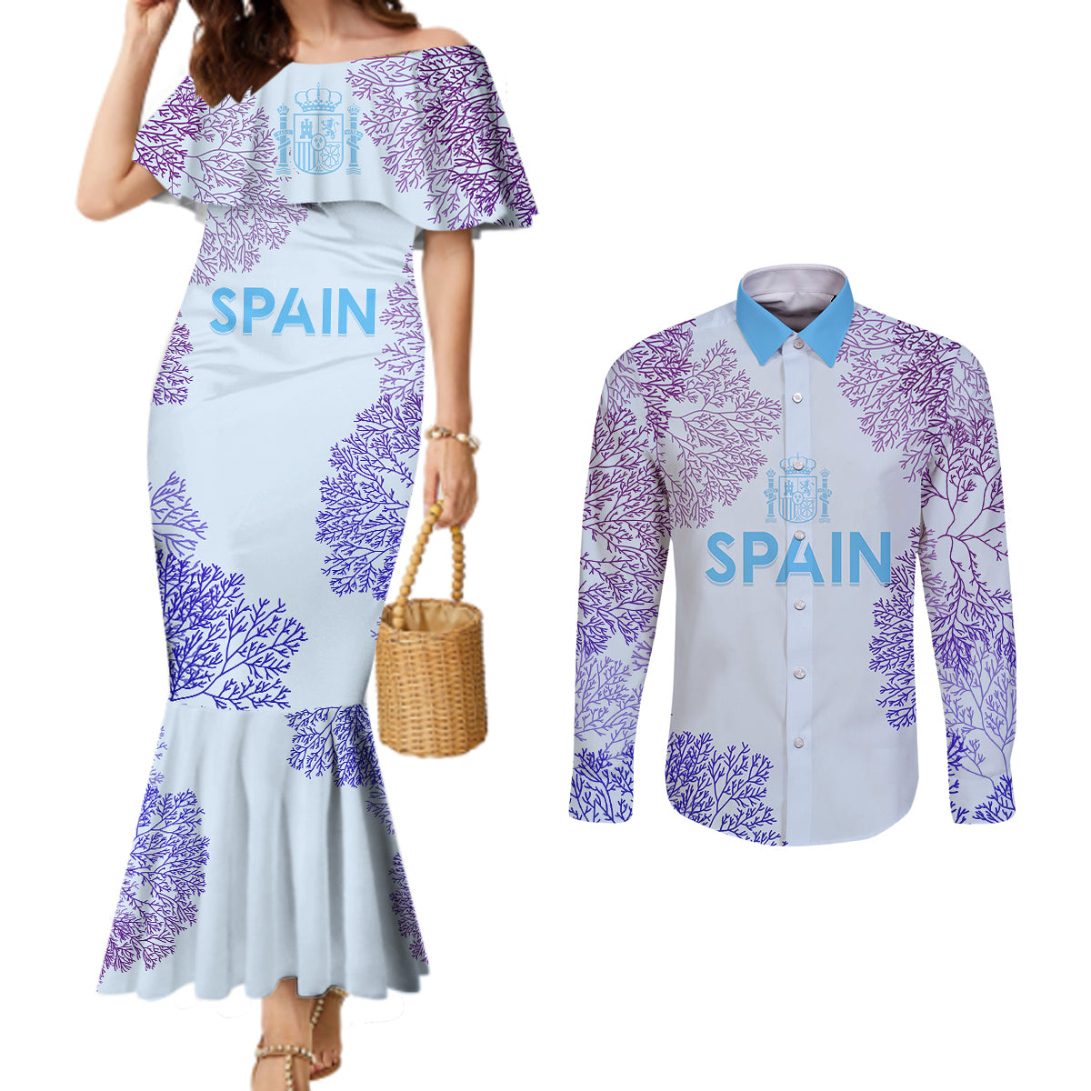 personalised-spain-football-couples-matching-mermaid-dress-and-long-sleeve-button-shirts-coral-reef-jersey-replica-inspired