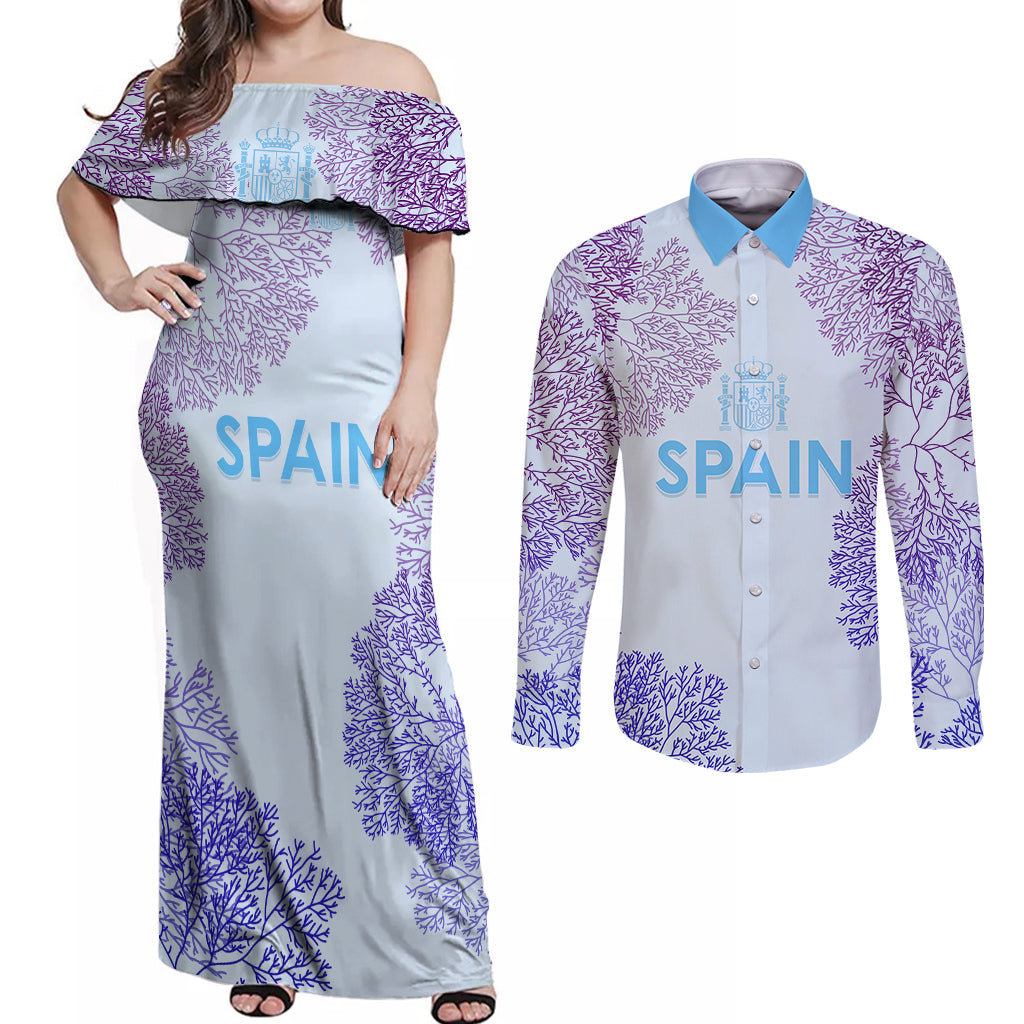Personalised Spain Football Couples Matching Off Shoulder Maxi Dress and Long Sleeve Button Shirts Coral Reef Jersey Replica Inspired LT7 - Wonder Print Shop