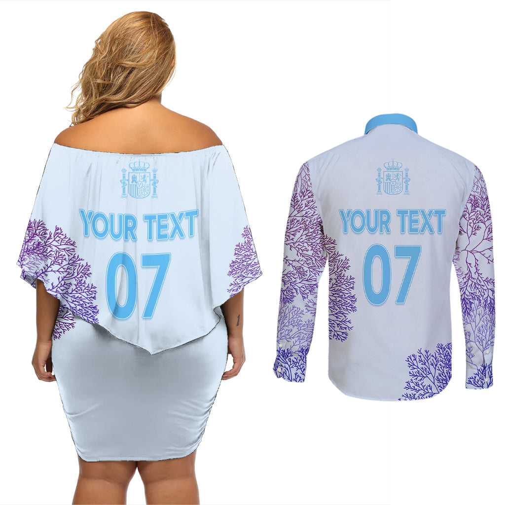 Personalised Spain Football Couples Matching Off Shoulder Short Dress and Long Sleeve Button Shirts Coral Reef Jersey Replica Inspired LT7 - Wonder Print Shop