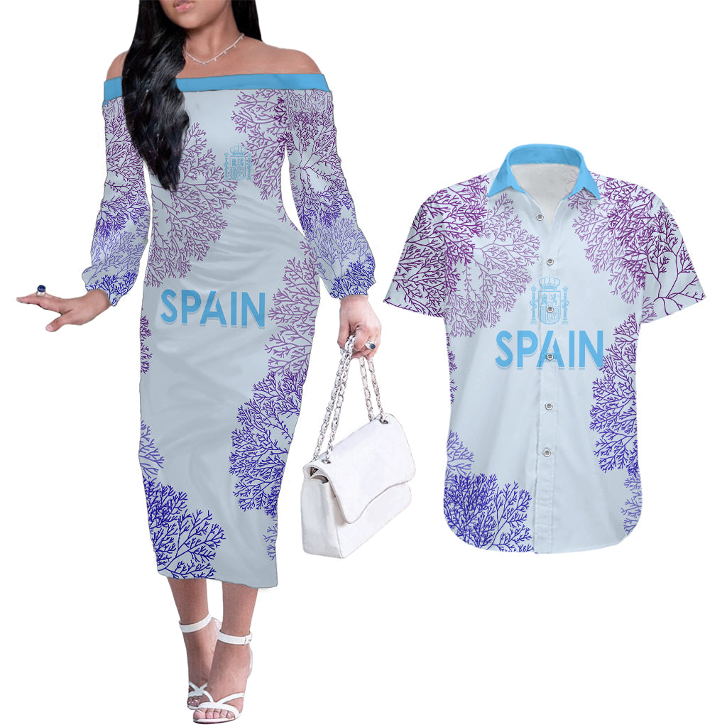 Personalised Spain Football Couples Matching Off The Shoulder Long Sleeve Dress and Hawaiian Shirt Coral Reef Jersey Replica Inspired LT7 - Wonder Print Shop