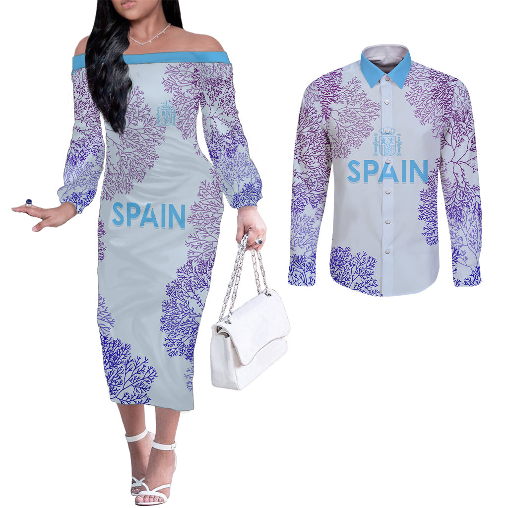 personalised-spain-football-couples-matching-off-the-shoulder-long-sleeve-dress-and-long-sleeve-button-shirts-coral-reef-jersey-replica-inspired