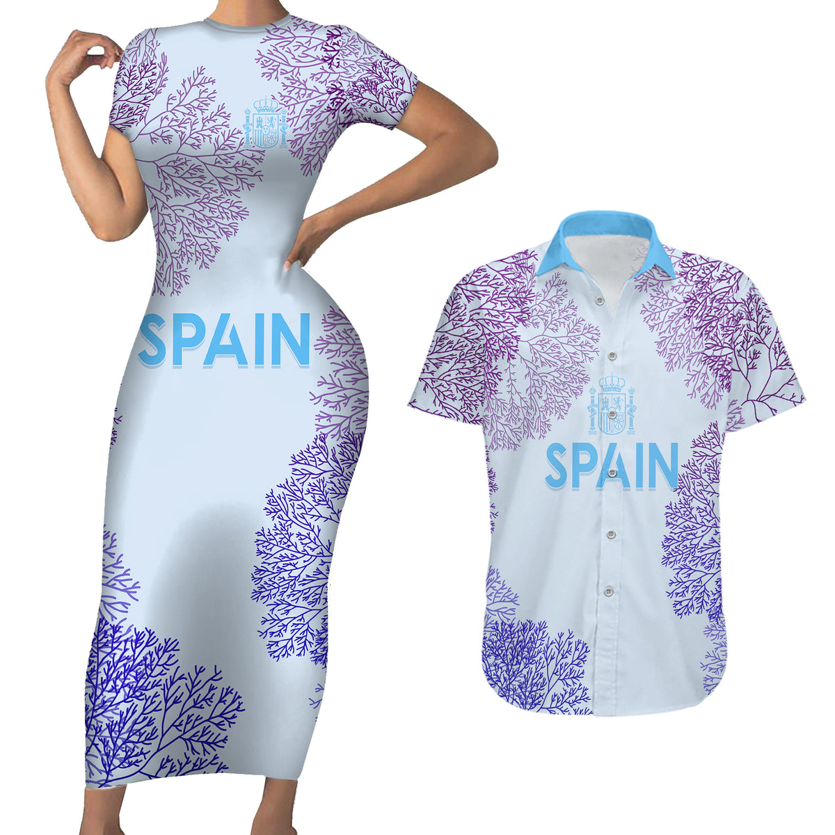 Personalised Spain Football Couples Matching Short Sleeve Bodycon Dress and Hawaiian Shirt Coral Reef Jersey Replica Inspired LT7 - Wonder Print Shop