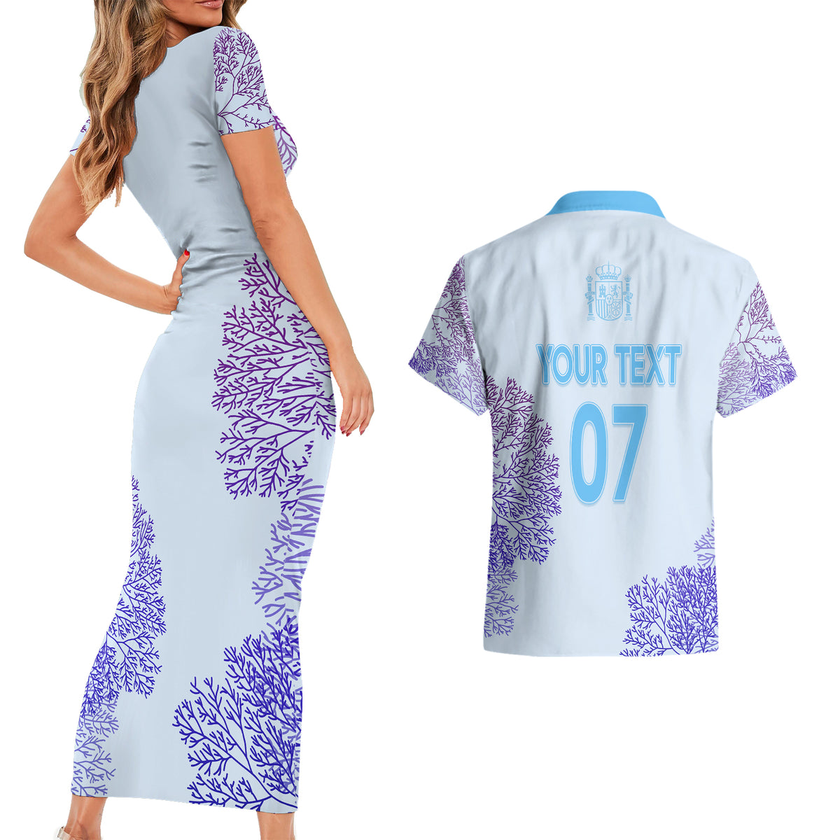 Personalised Spain Football Couples Matching Short Sleeve Bodycon Dress and Hawaiian Shirt Coral Reef Jersey Replica Inspired LT7 - Wonder Print Shop