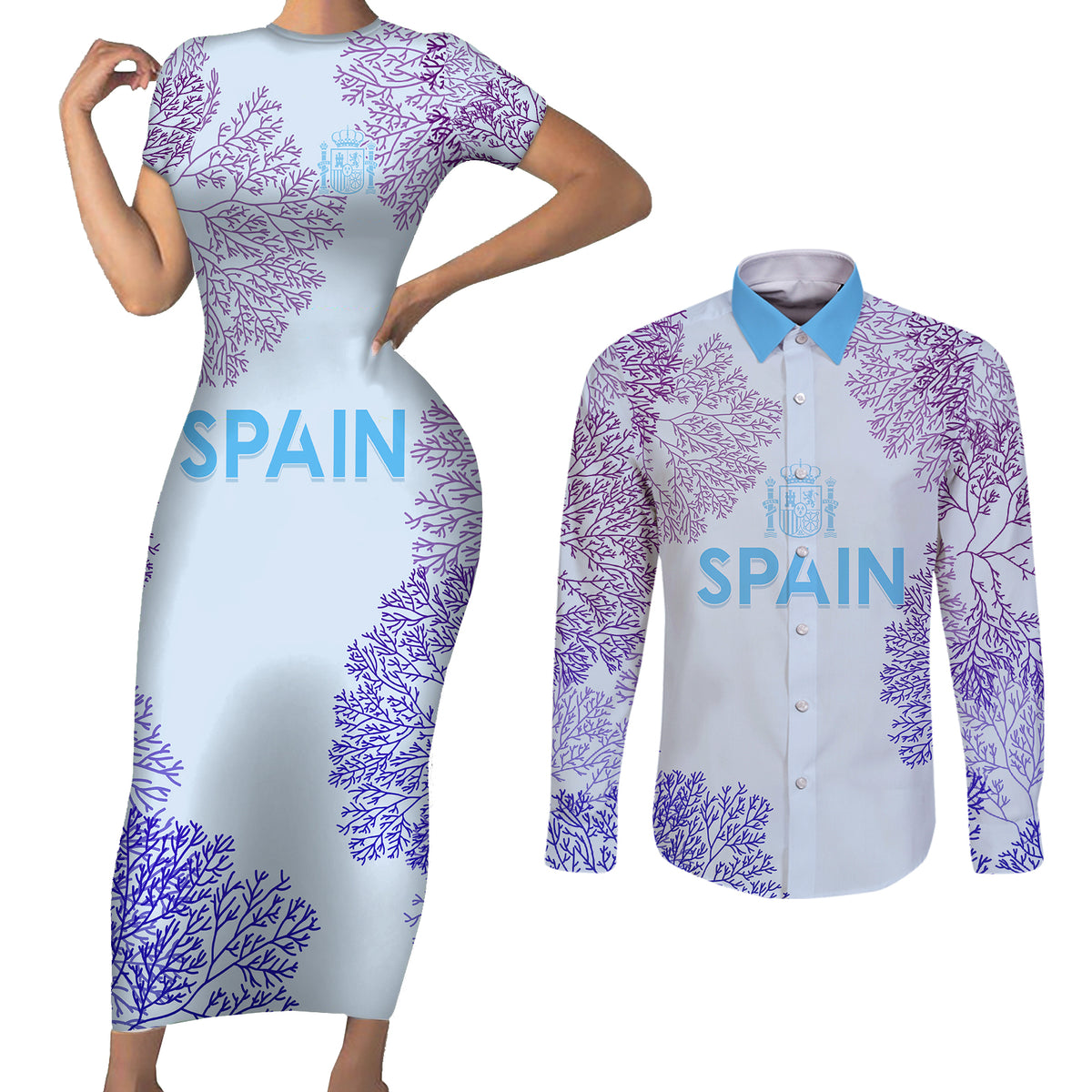 Personalised Spain Football Couples Matching Short Sleeve Bodycon Dress and Long Sleeve Button Shirts Coral Reef Jersey Replica Inspired LT7 - Wonder Print Shop