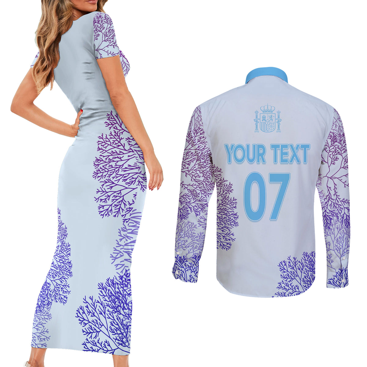 Personalised Spain Football Couples Matching Short Sleeve Bodycon Dress and Long Sleeve Button Shirts Coral Reef Jersey Replica Inspired LT7 - Wonder Print Shop