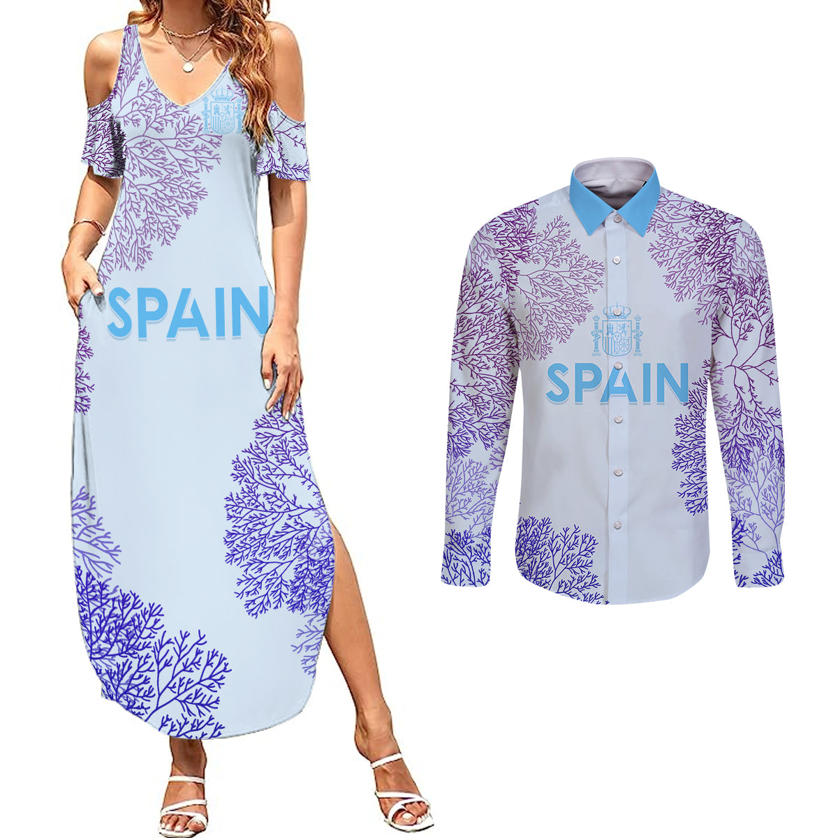 Personalised Spain Football Couples Matching Summer Maxi Dress and Long Sleeve Button Shirts Coral Reef Jersey Replica Inspired LT7 - Wonder Print Shop