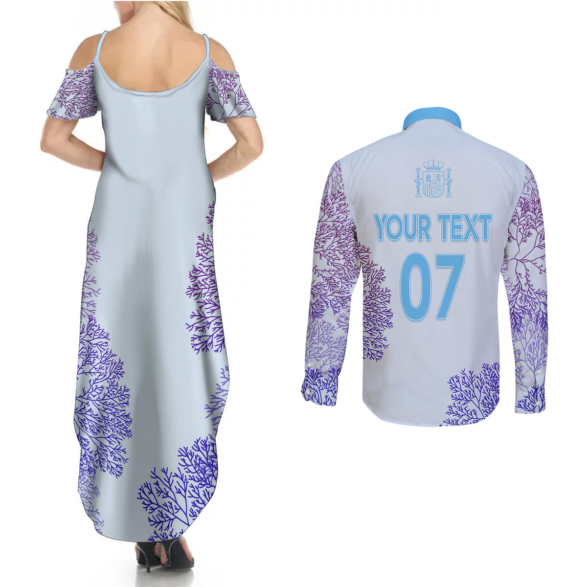 Personalised Spain Football Couples Matching Summer Maxi Dress and Long Sleeve Button Shirts Coral Reef Jersey Replica Inspired LT7 - Wonder Print Shop