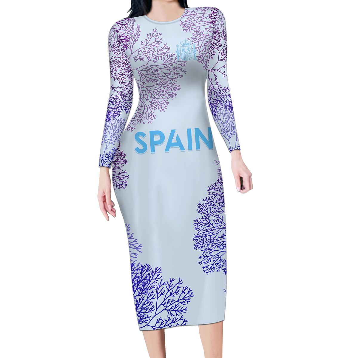 Personalised Spain Football Long Sleeve Bodycon Dress Coral Reef Jersey Replica Inspired - Wonder Print Shop