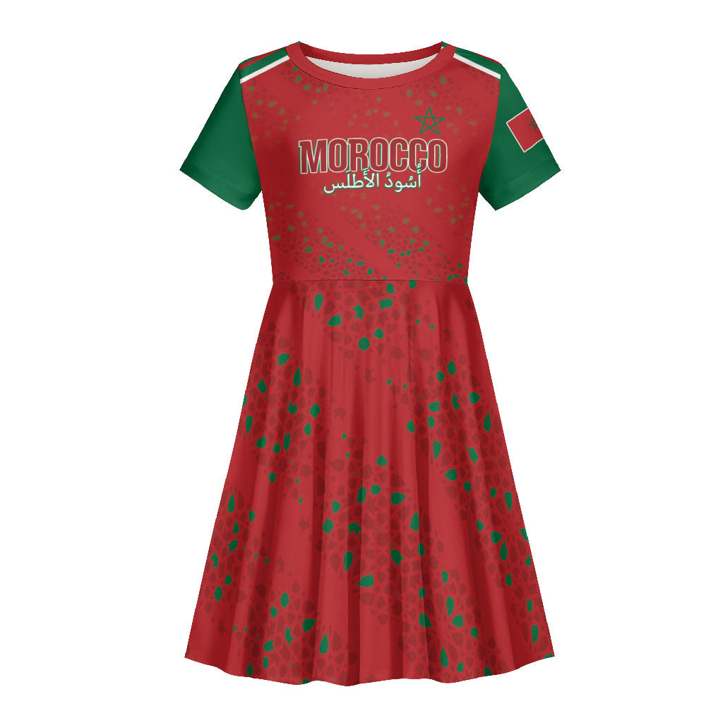 Morocco Football Atlas Lionesses Custom Kid Short Sleeve Dress Arabesque Motif