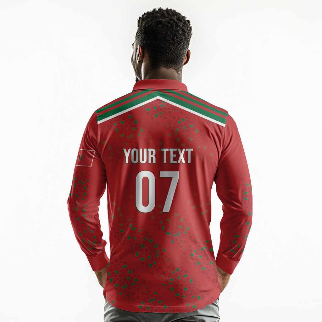 Morocco Football Atlas Lionesses Custom Long Sleeve Polo Shirt Arabesque Motif