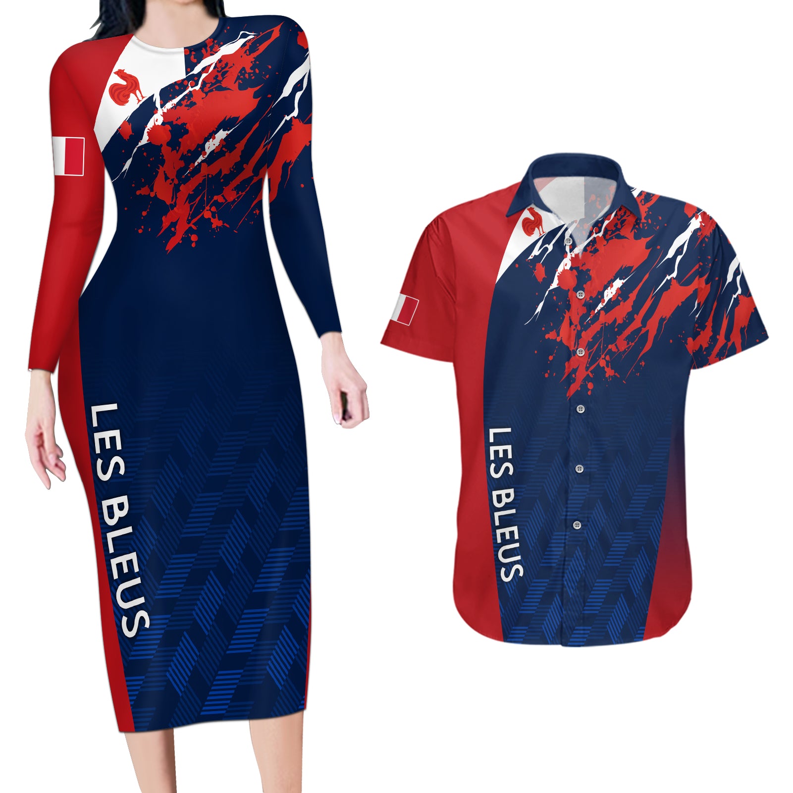 personalised-france-rugby-couples-matching-long-sleeve-bodycon-dress-and-hawaiian-shirt-2023-world-cup-allez-les-bleus-grunge-style