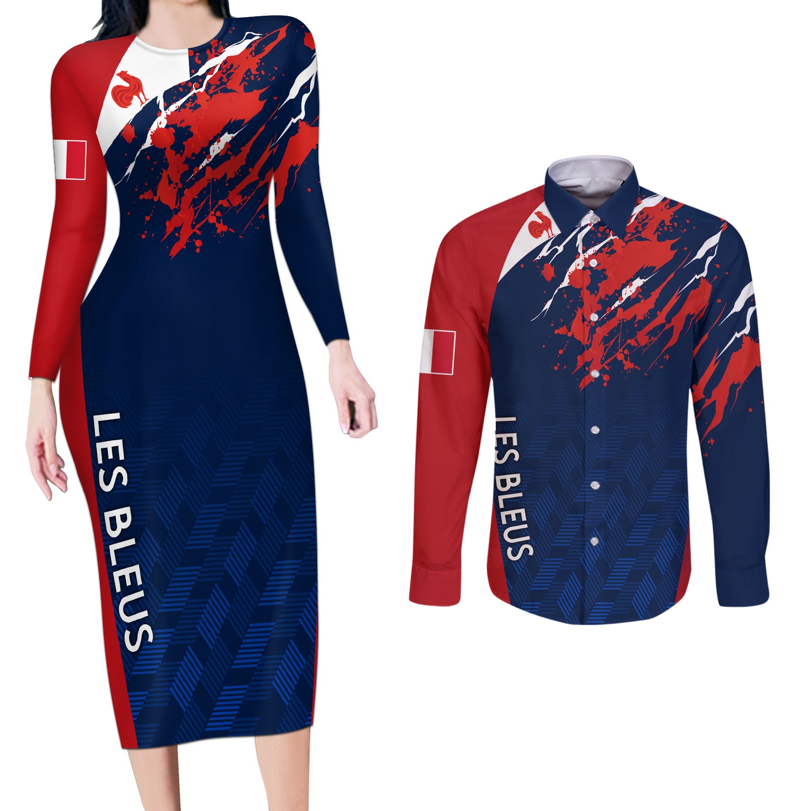 personalised-france-rugby-couples-matching-long-sleeve-bodycon-dress-and-long-sleeve-button-shirts-2023-world-cup-allez-les-bleus-grunge-style