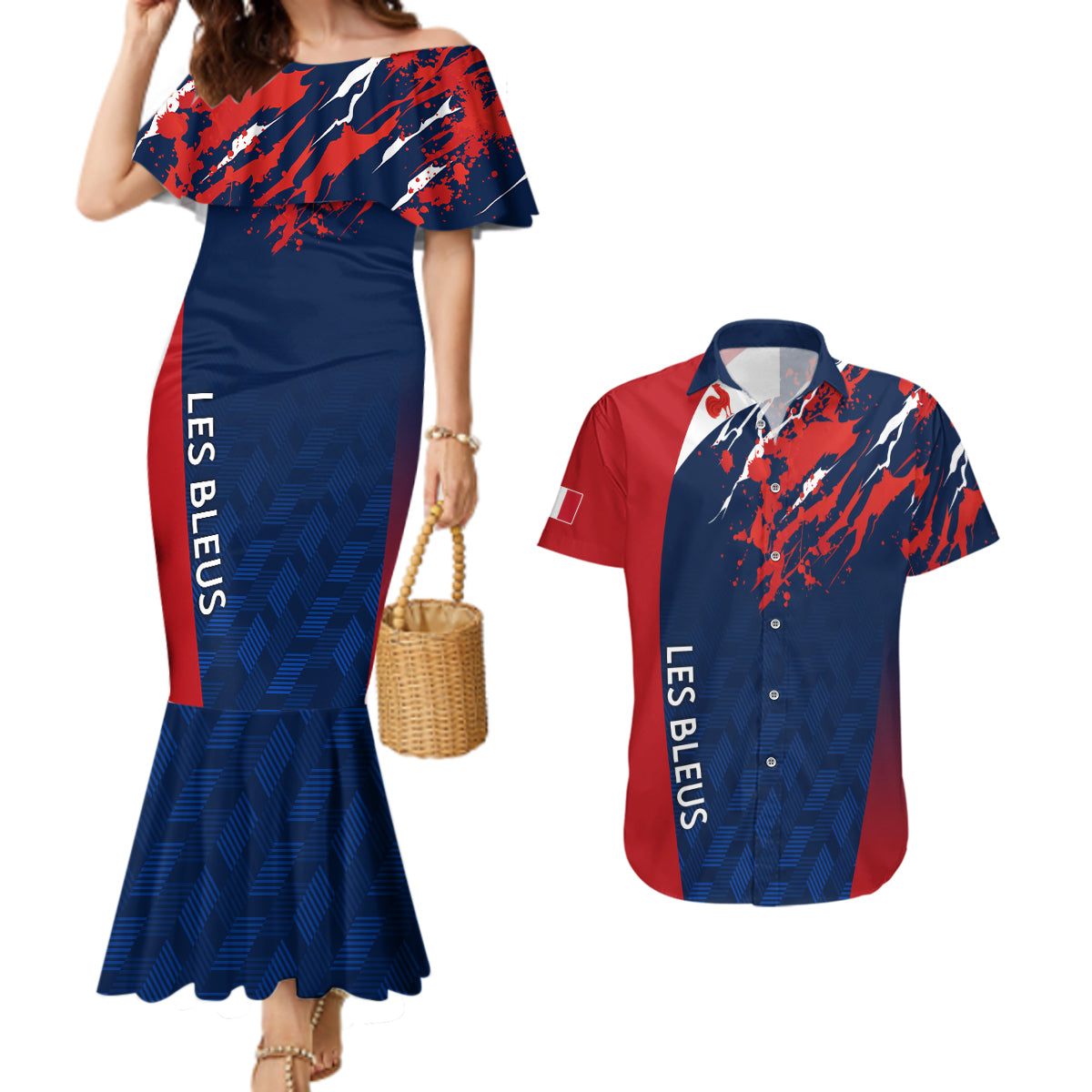 personalised-france-rugby-couples-matching-mermaid-dress-and-hawaiian-shirt-2023-world-cup-allez-les-bleus-grunge-style