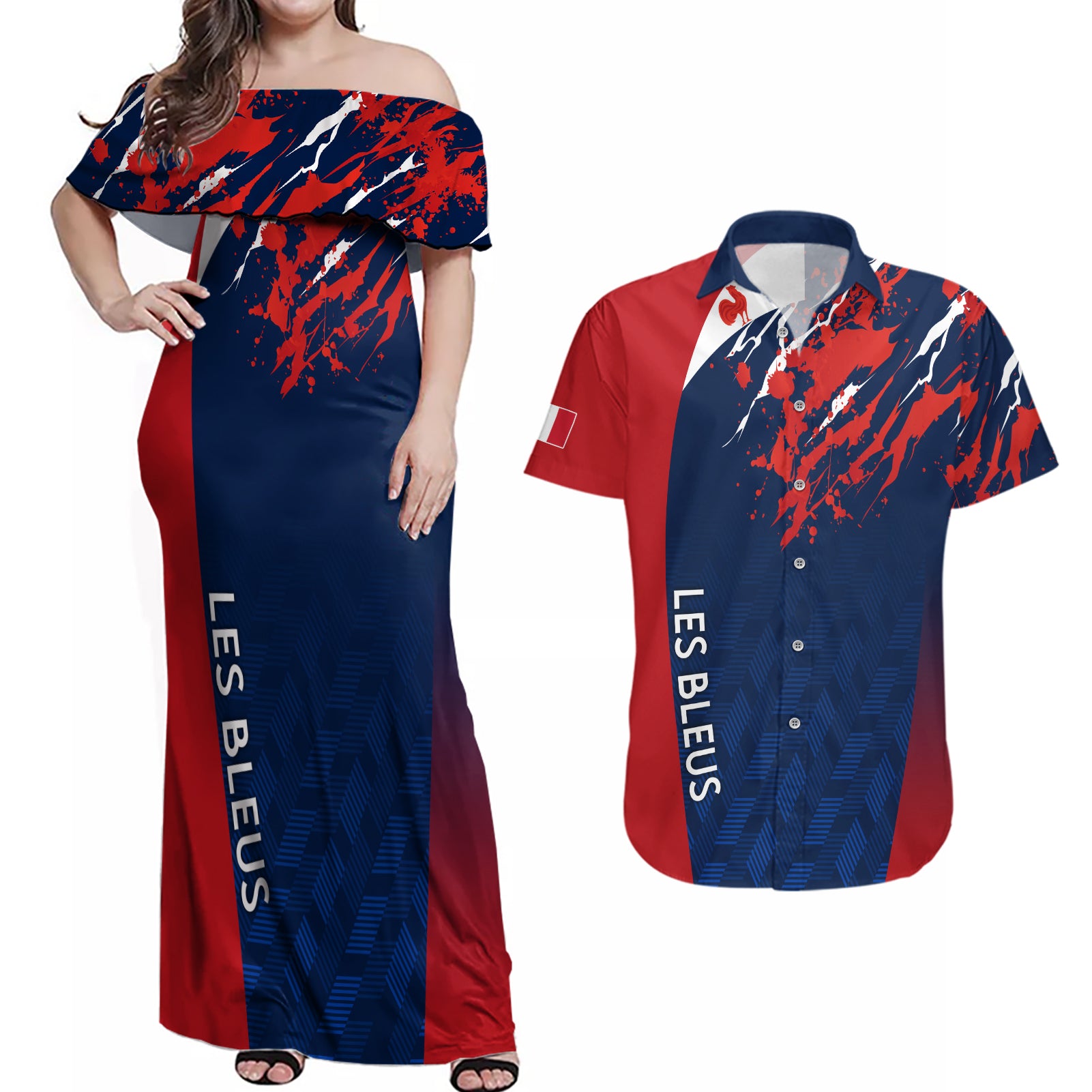 personalised-france-rugby-couples-matching-off-shoulder-maxi-dress-and-hawaiian-shirt-2023-world-cup-allez-les-bleus-grunge-style