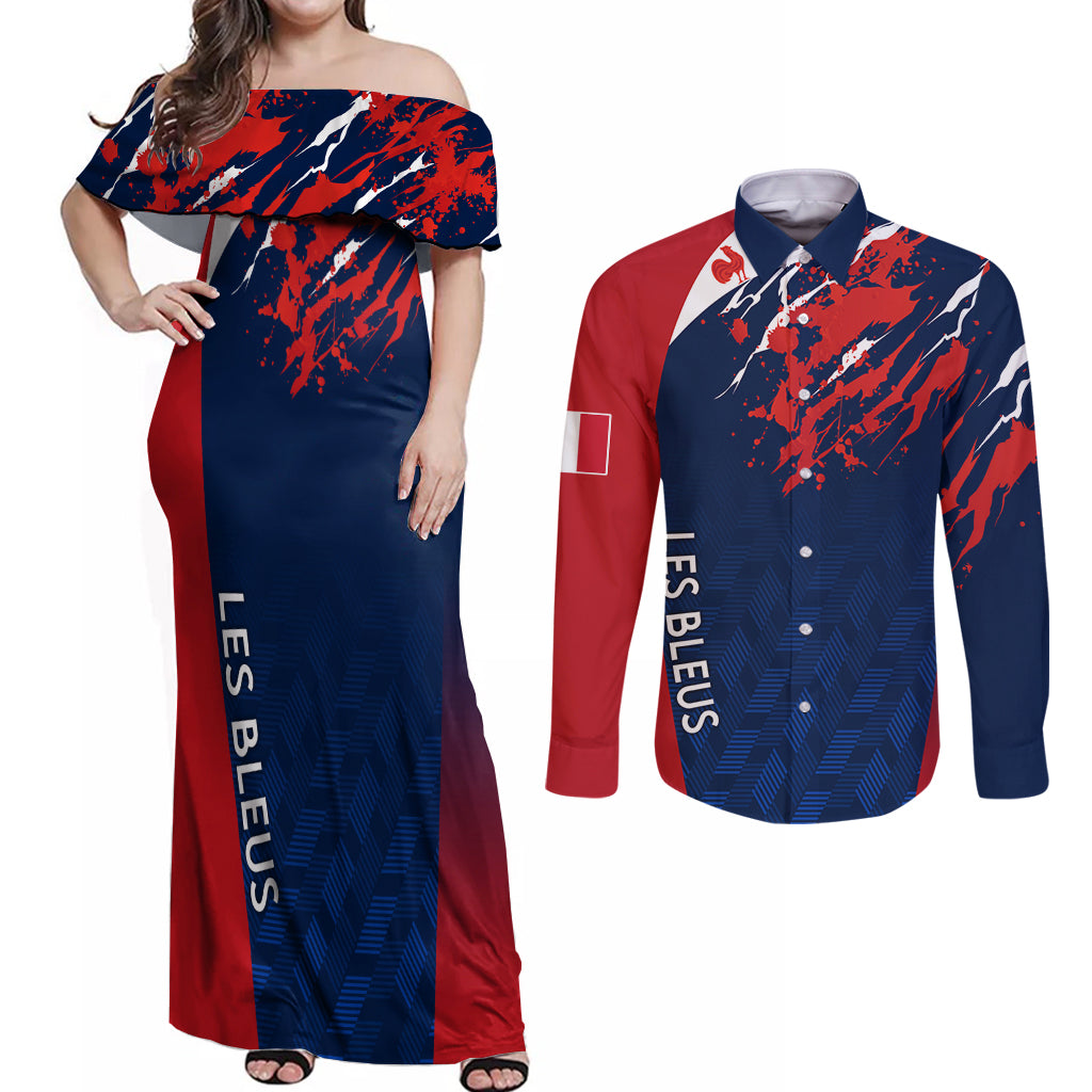 personalised-france-rugby-couples-matching-off-shoulder-maxi-dress-and-long-sleeve-button-shirts-2023-world-cup-allez-les-bleus-grunge-style