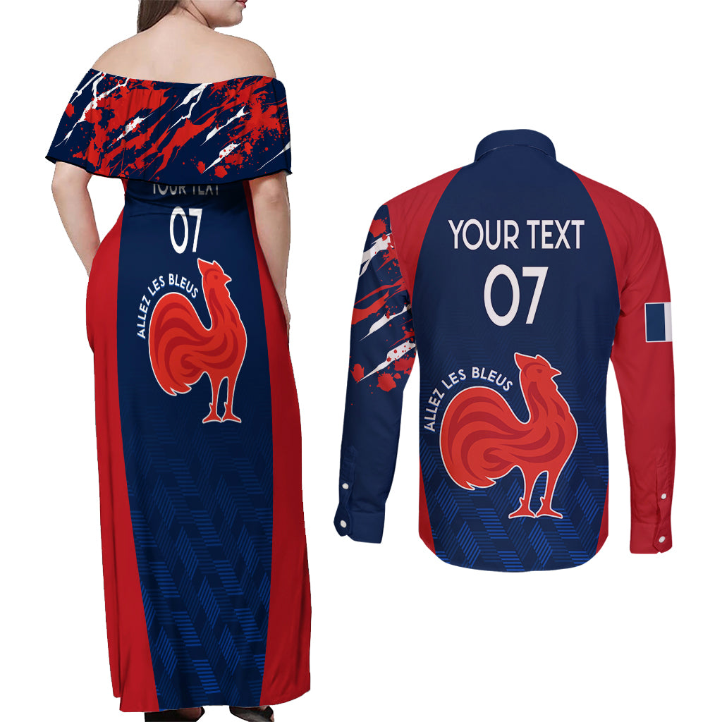 Personalised France Rugby Couples Matching Off Shoulder Maxi Dress and Long Sleeve Button Shirts 2023 World Cup Allez Les Bleus Grunge Style LT7 - Wonder Print Shop