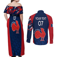 Personalised France Rugby Couples Matching Off Shoulder Maxi Dress and Long Sleeve Button Shirts 2023 World Cup Allez Les Bleus Grunge Style LT7 - Wonder Print Shop