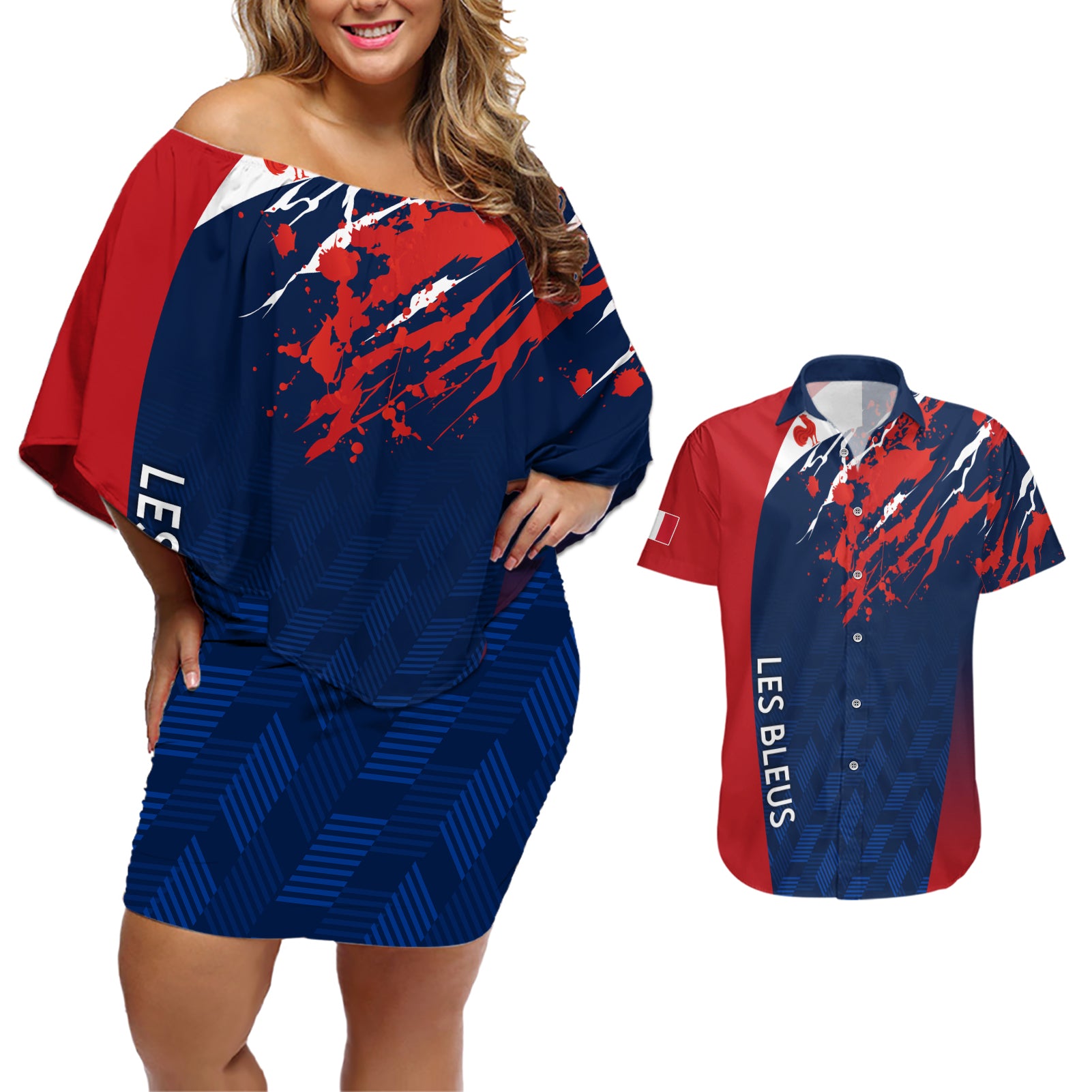 personalised-france-rugby-couples-matching-off-shoulder-short-dress-and-hawaiian-shirt-2023-world-cup-allez-les-bleus-grunge-style