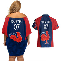 Personalised France Rugby Couples Matching Off Shoulder Short Dress and Hawaiian Shirt 2023 World Cup Allez Les Bleus Grunge Style LT7 - Wonder Print Shop