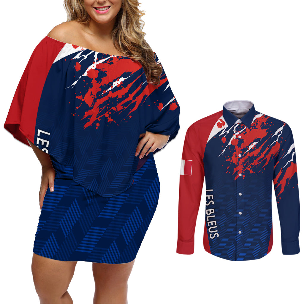 personalised-france-rugby-couples-matching-off-shoulder-short-dress-and-long-sleeve-button-shirts-2023-world-cup-allez-les-bleus-grunge-style