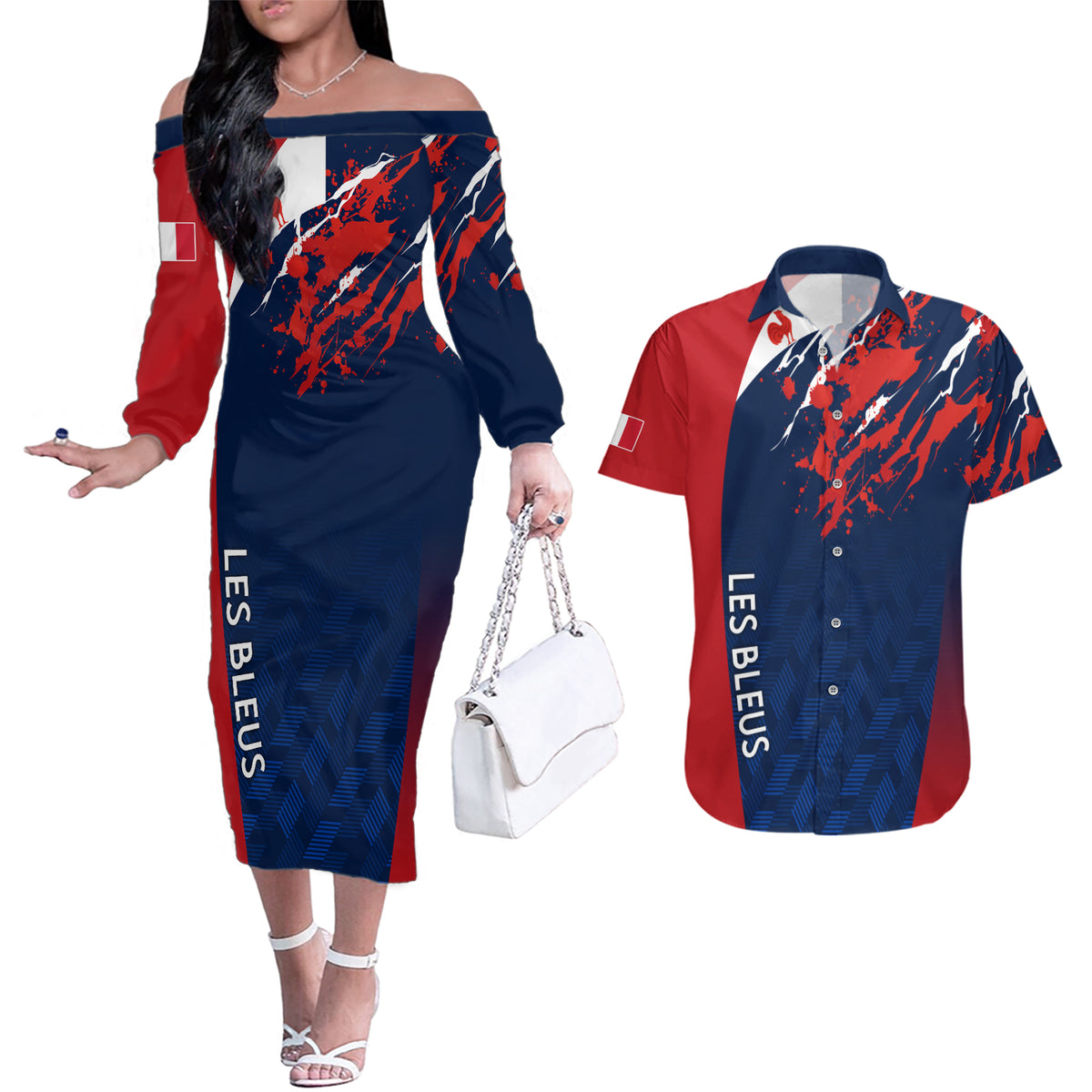 Personalised France Rugby Couples Matching Off The Shoulder Long Sleeve Dress and Hawaiian Shirt 2023 World Cup Allez Les Bleus Grunge Style LT7 - Wonder Print Shop