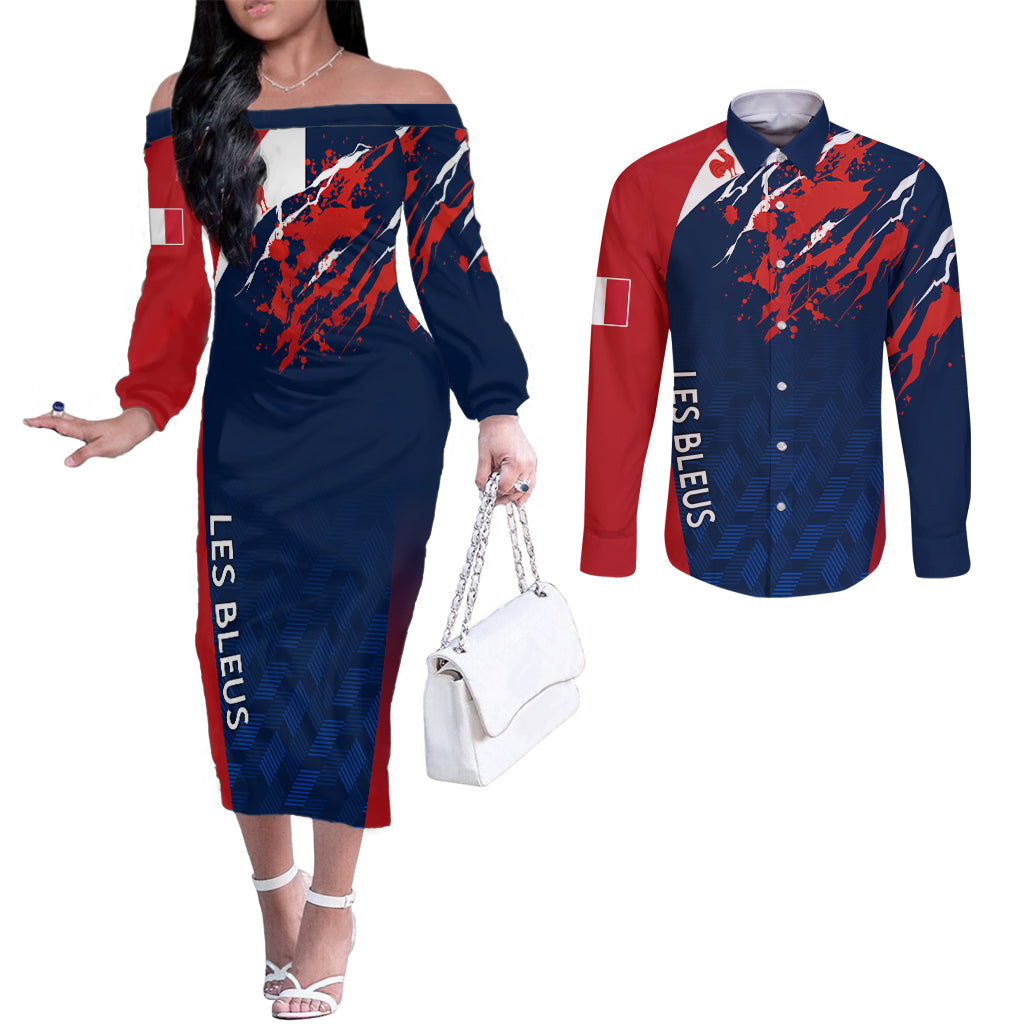 personalised-france-rugby-couples-matching-off-the-shoulder-long-sleeve-dress-and-long-sleeve-button-shirts-2023-world-cup-allez-les-bleus-grunge-style