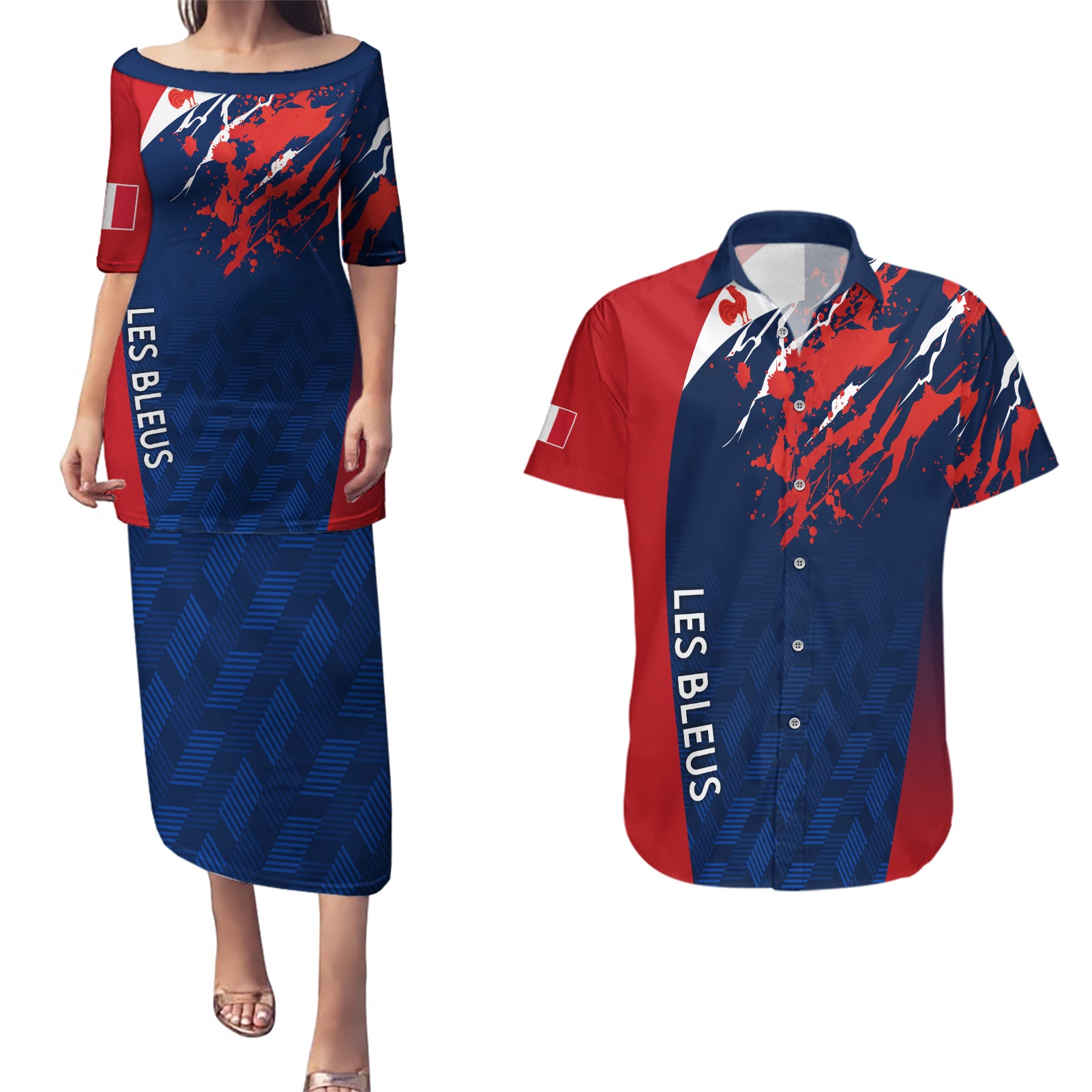 personalised-france-rugby-couples-matching-puletasi-dress-and-hawaiian-shirt-2023-world-cup-allez-les-bleus-grunge-style